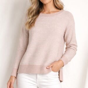 Jones NY Women Pink White Striped Hi Low Crew Neck Feminine Sweater Comfort Sz S